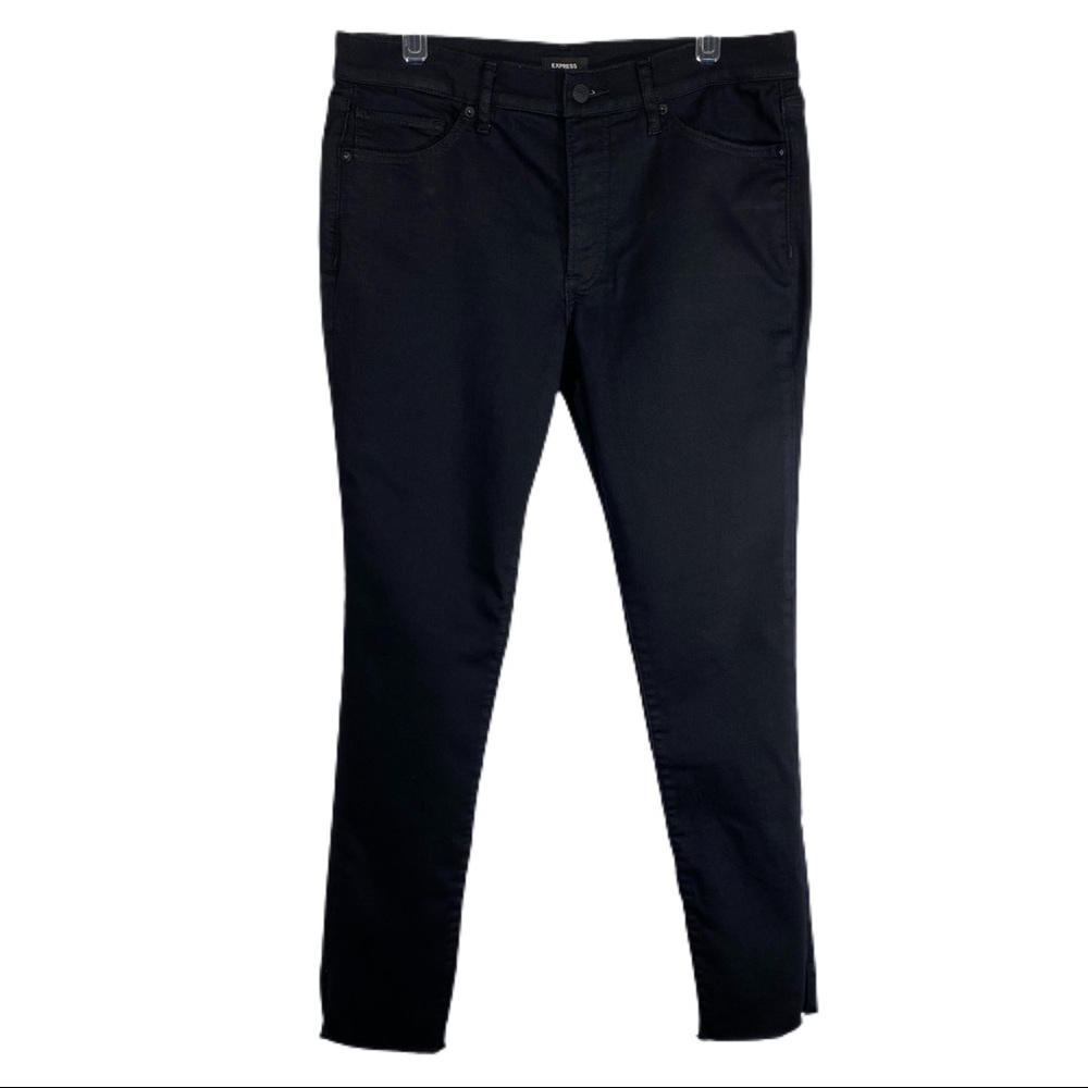 Express Skinny Mid Rise Black Knit Supersoft Split Raw Hem Jeans *Long*